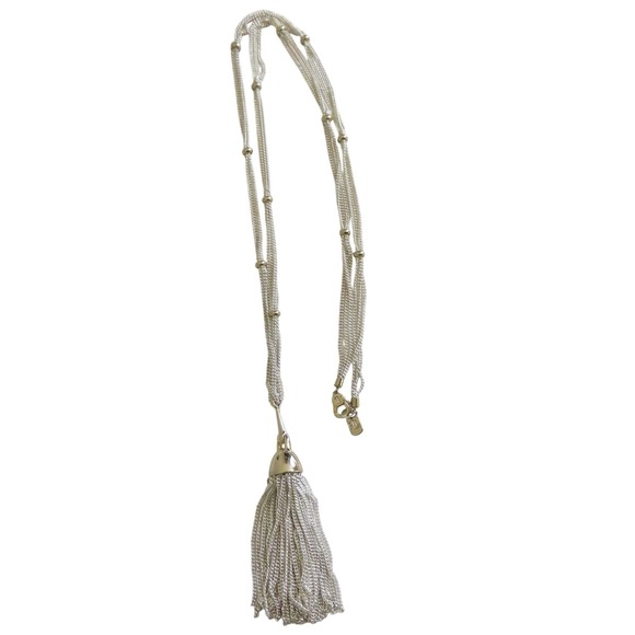 Ralph Lauren Long Silver Tone Necklace Tassel Pendant‎ Layered Chains Beads - Picture 3 of 4